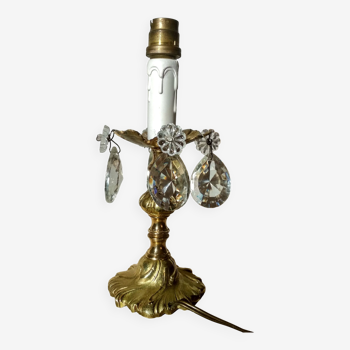 Rococo lamp, chiseled bronze base, fake candle and crystal pendants