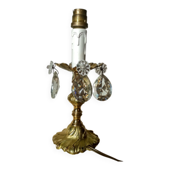 Rococo lamp, chiseled bronze base, fake candle and crystal pendants