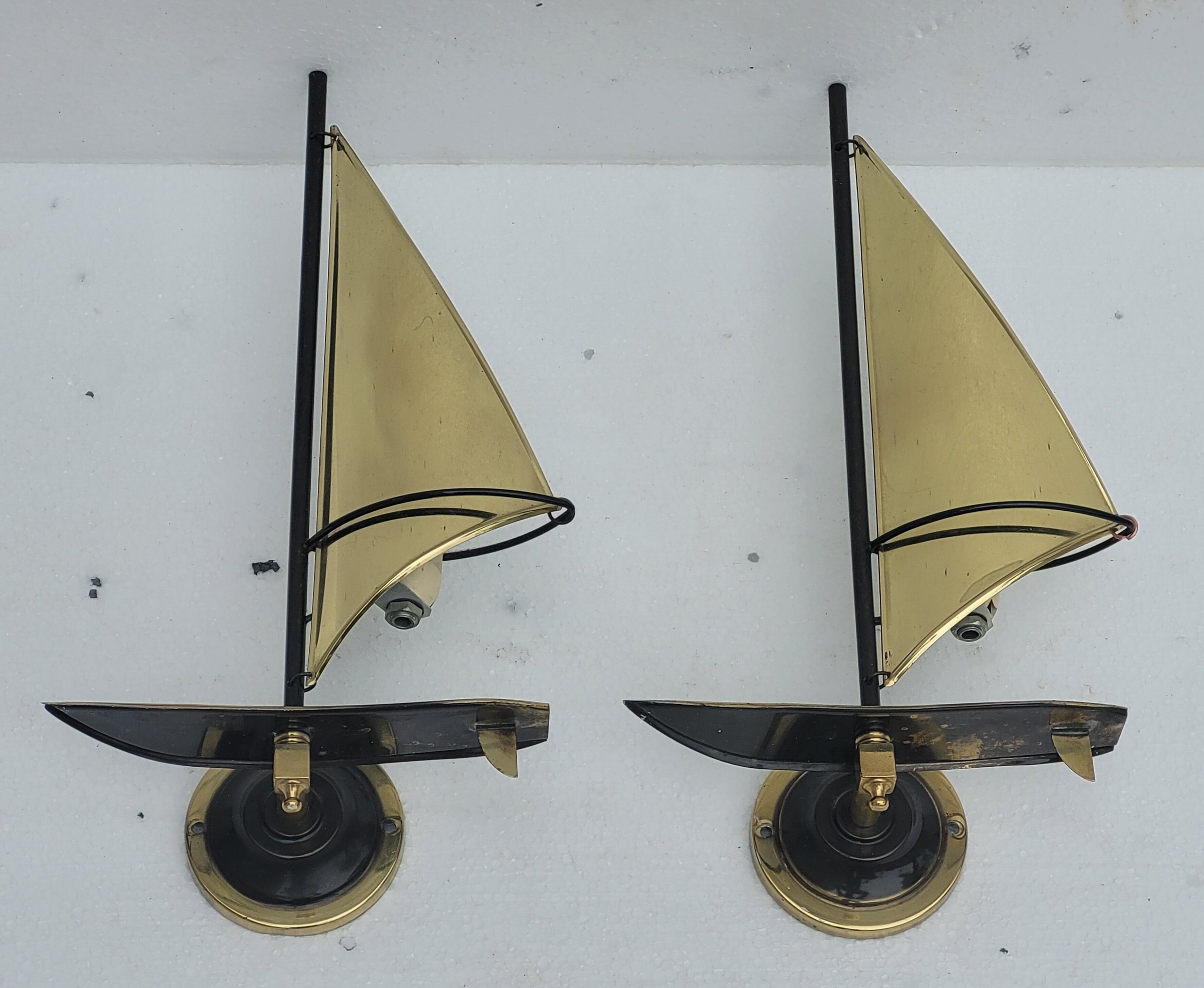 Pair of vintage sconces Sailboats in brass marine décor