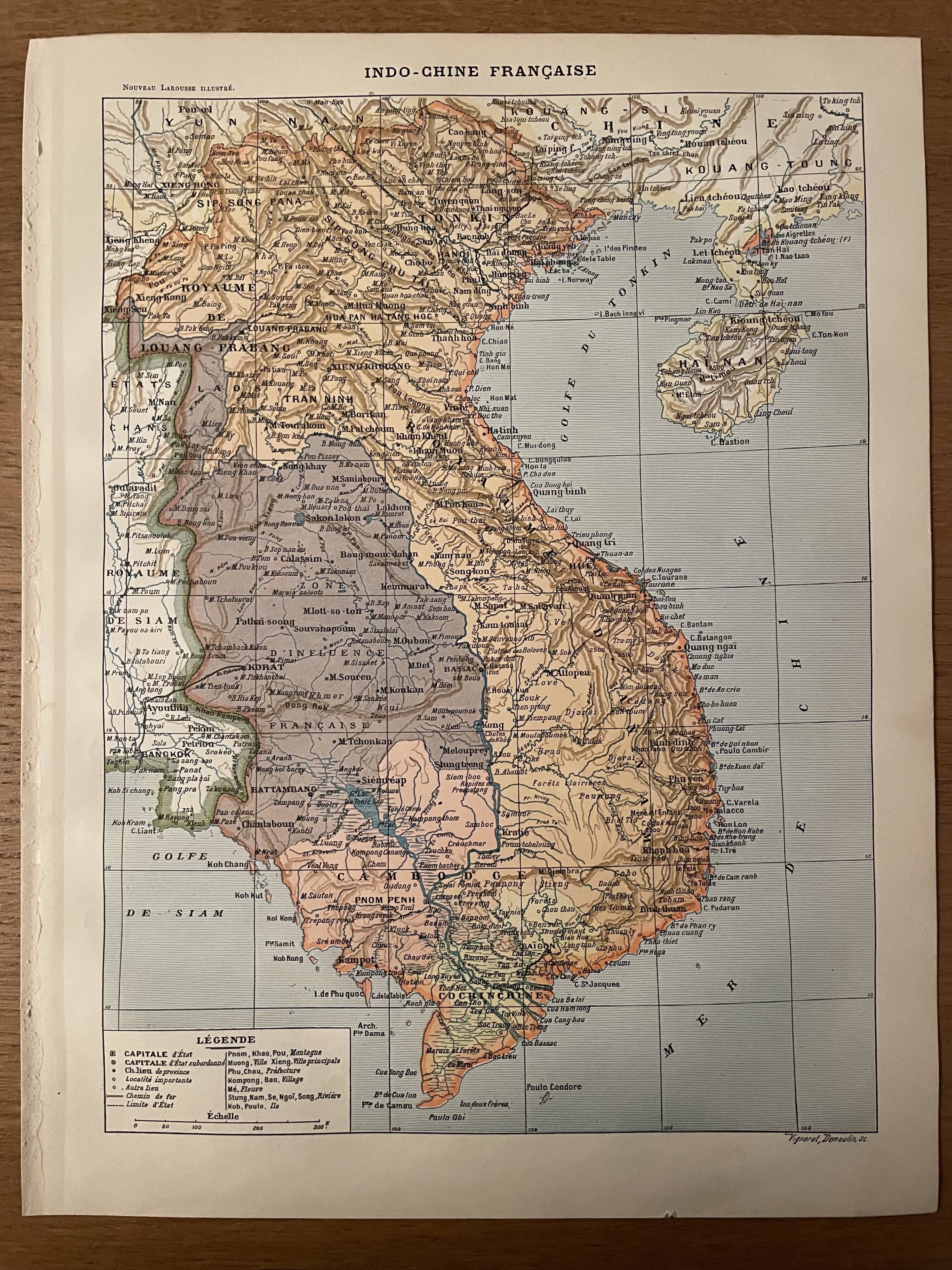 Lithograph engraving on Indochina of 1897