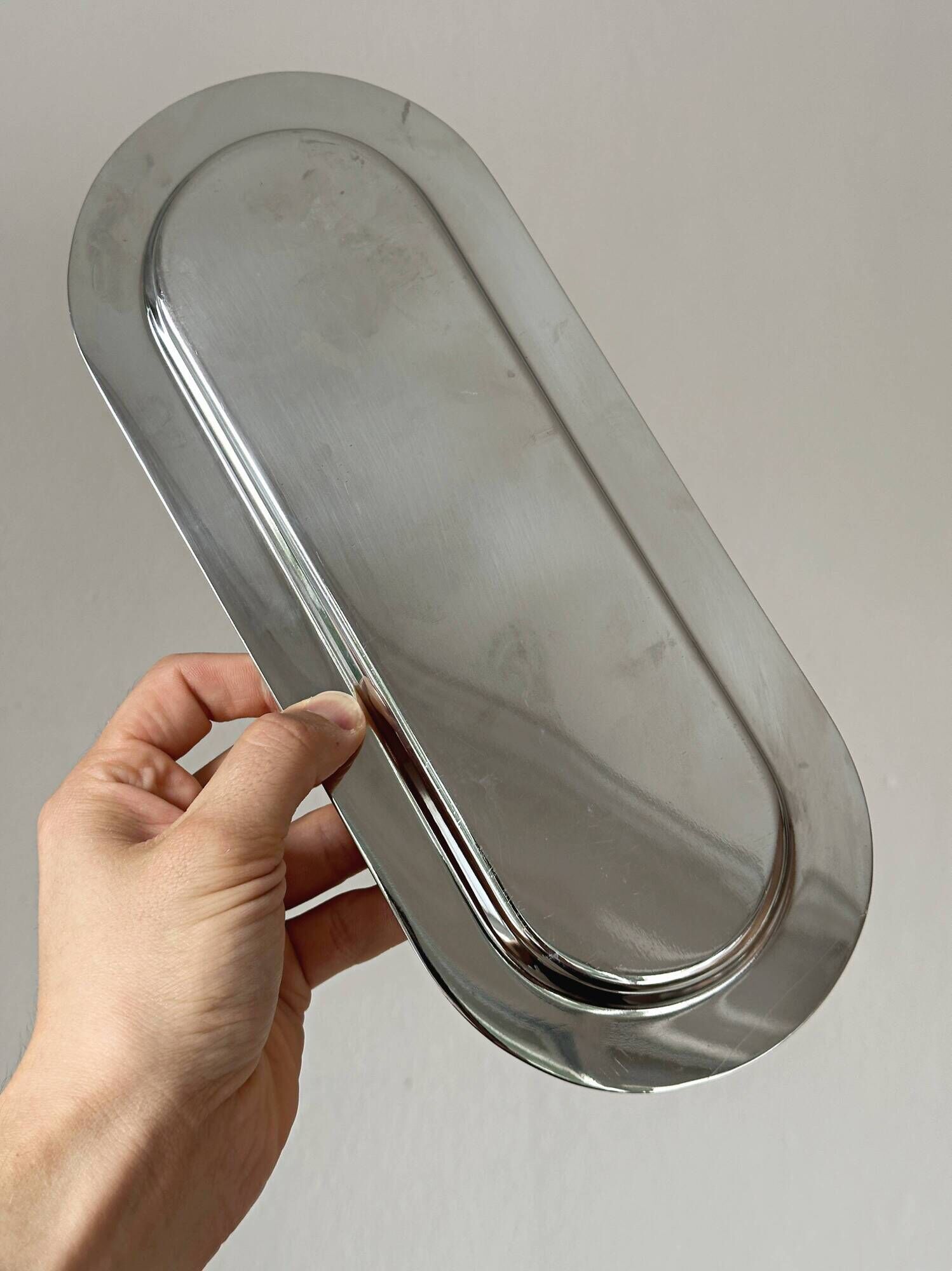 Stainless steel platter – Elongated oval serving dish in metal – Aperitif tray