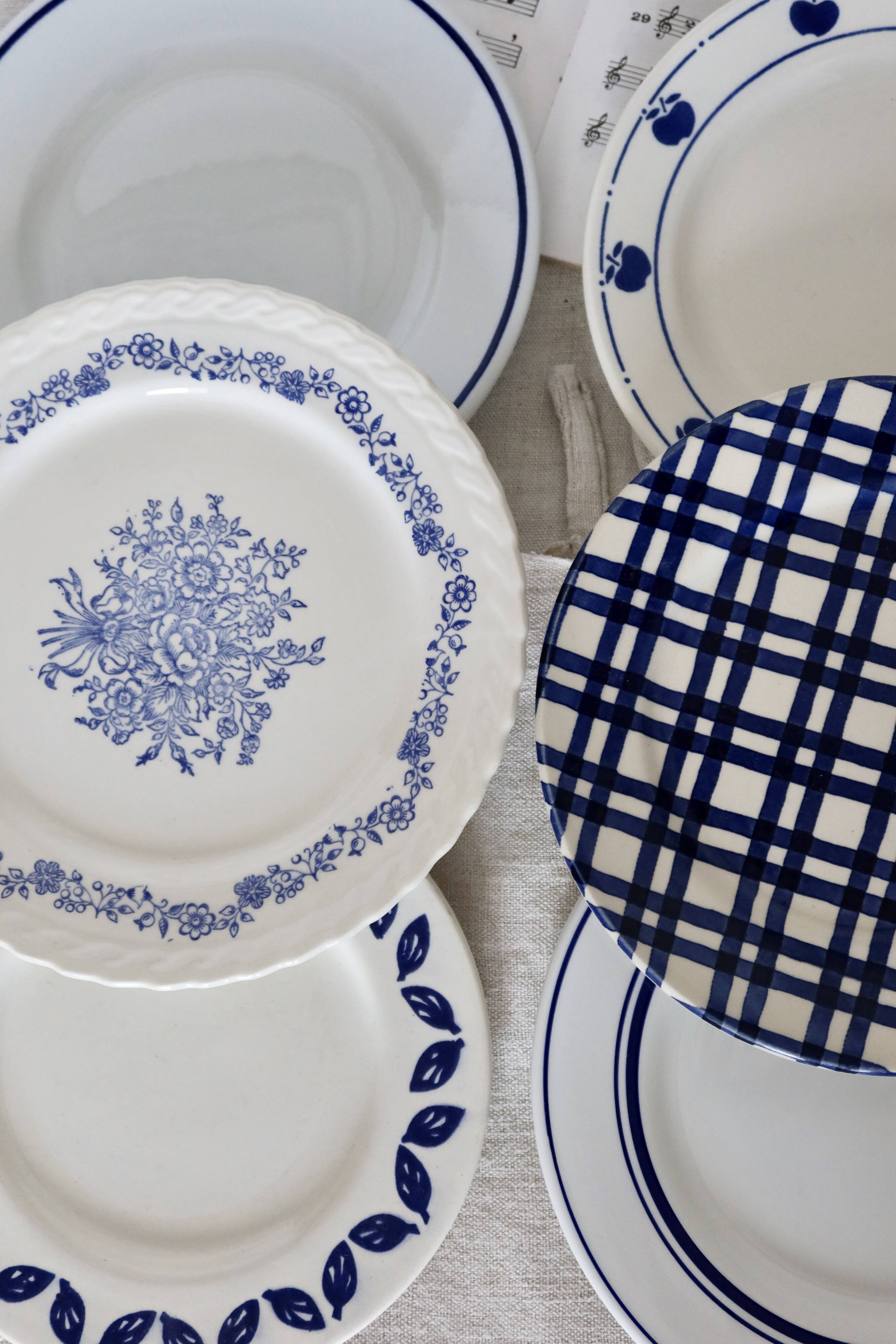 6 vintage earthenware and blue and white porcelain dessert plates - Roxanna lot