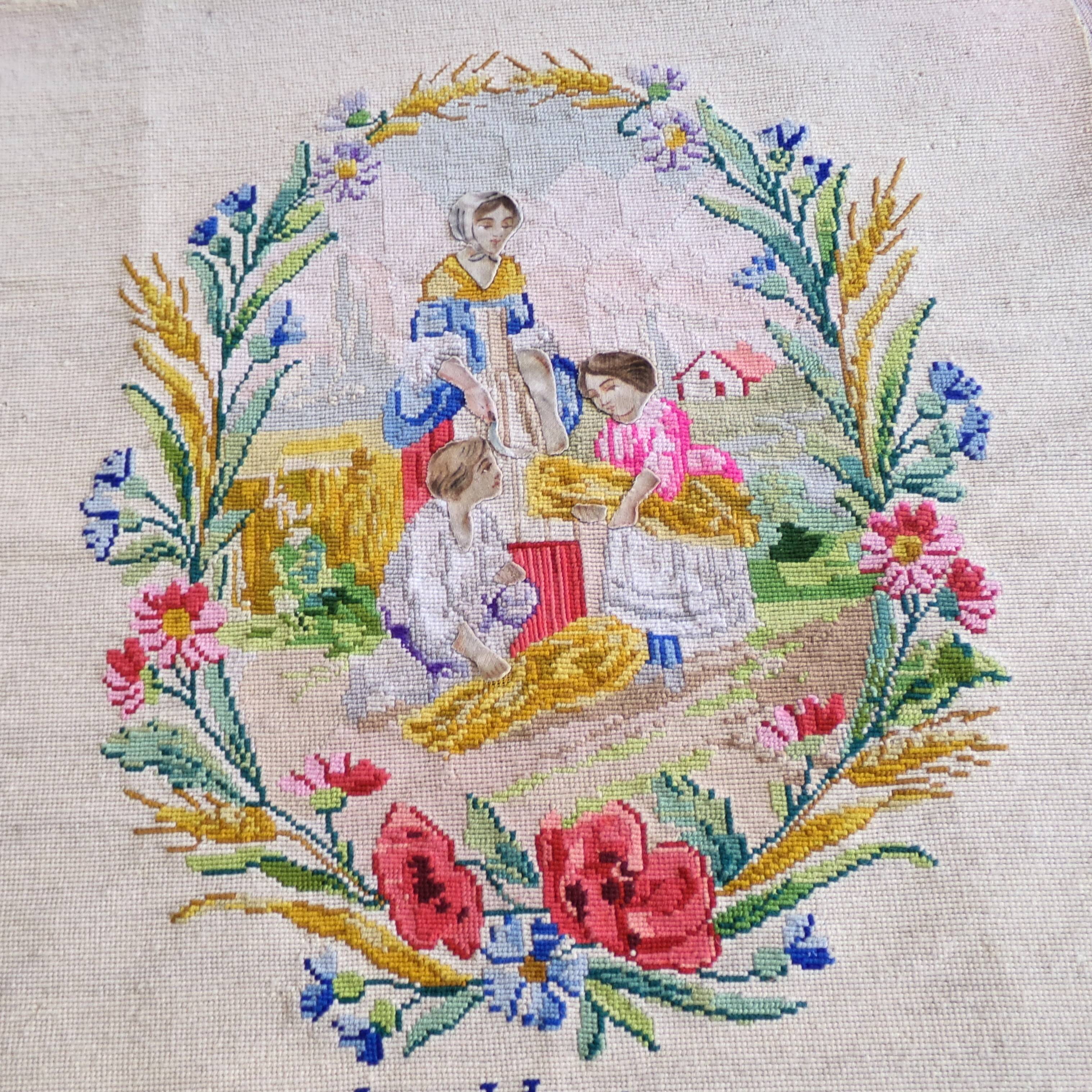 Ancient tapestry in cross-stitch and mixed techniques: "The Harvest"