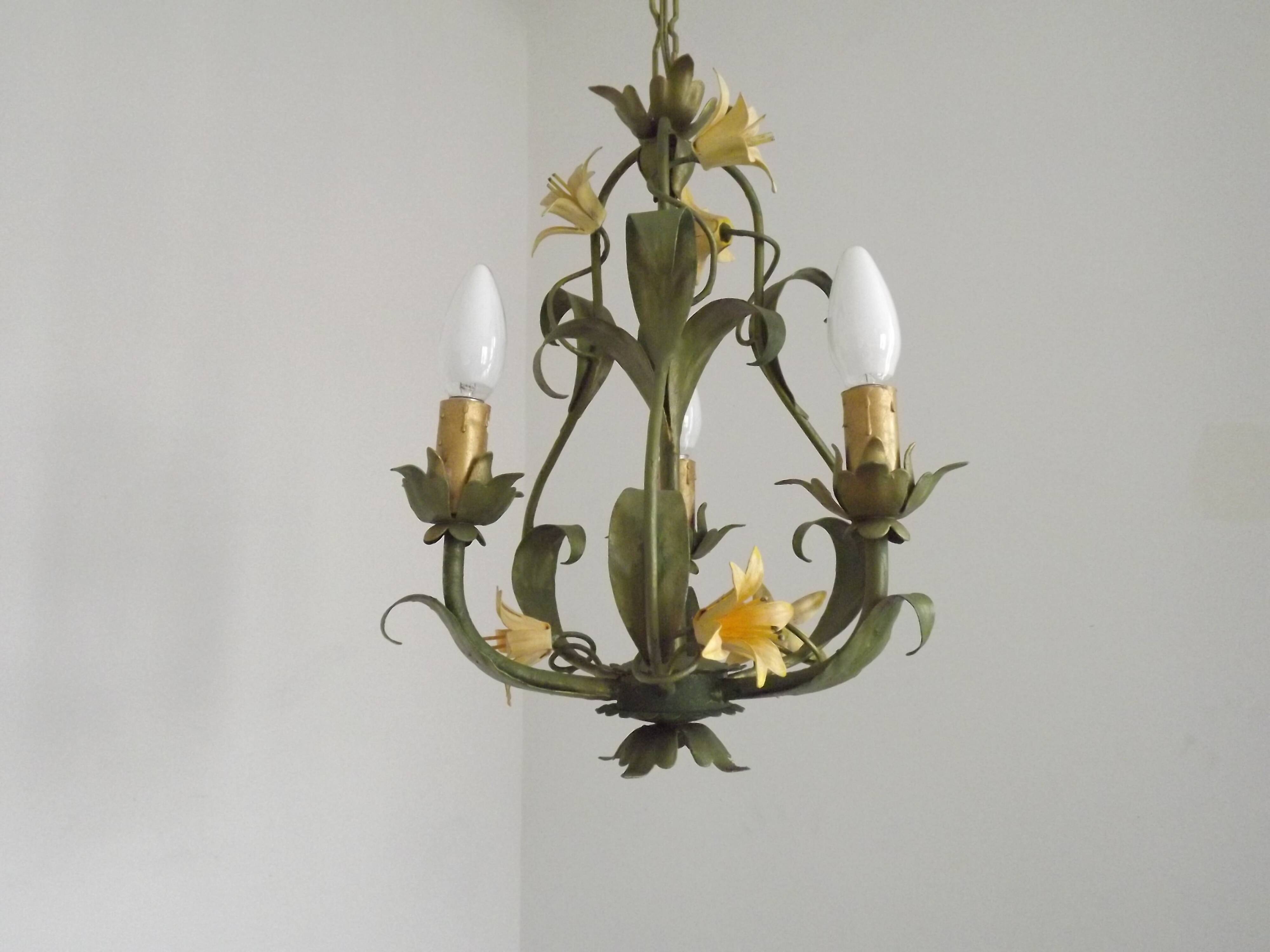 French Vintage 3 Light Cage Chandelier Hand Painted Floral Design