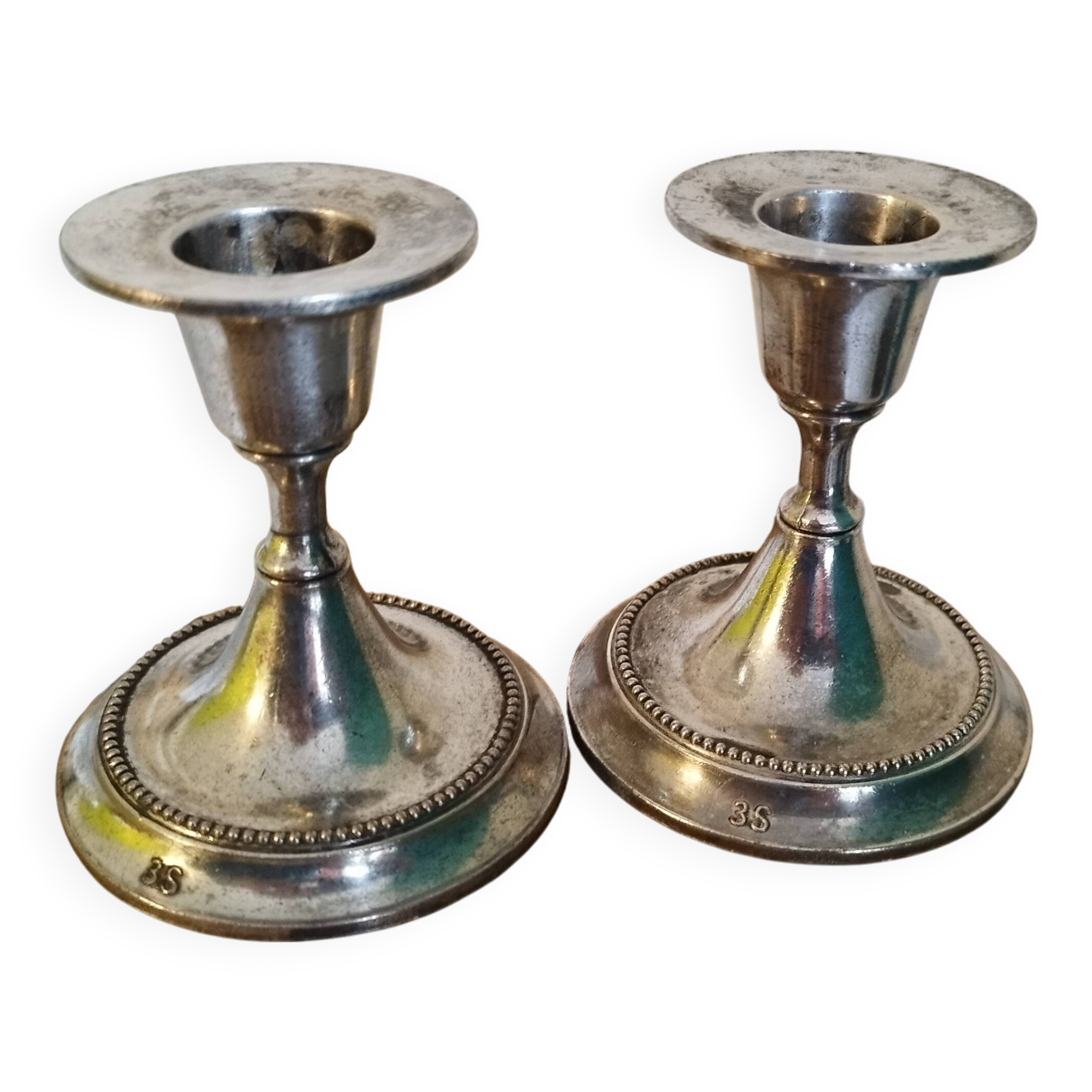 2 small silver metal candle holders