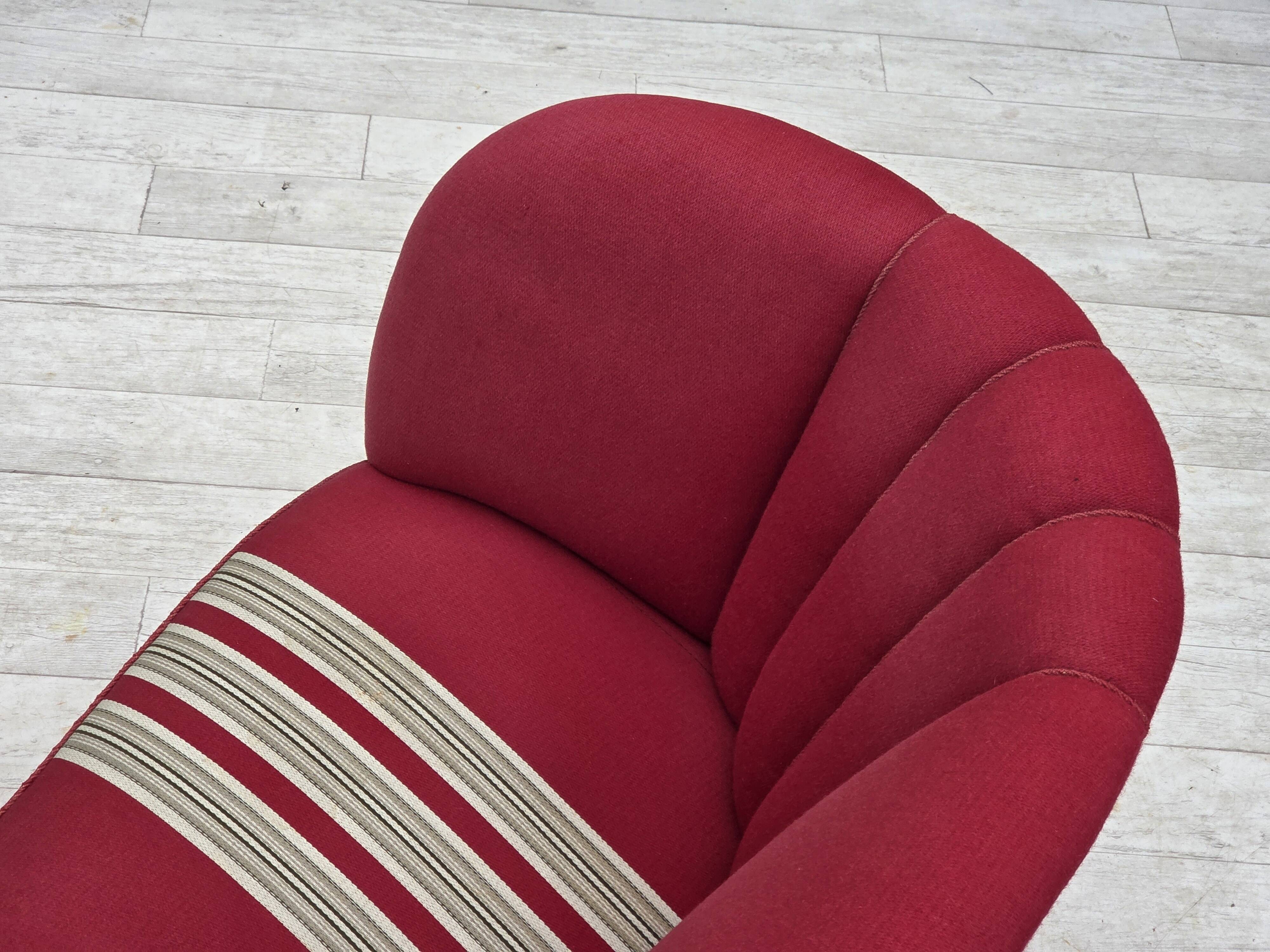 1960s, Danish 2-seater "Banana" sofa, furniture wool, oak wood legs.