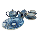 Service à thé russe en porcelaine Lomonosov en filet de Cobalt