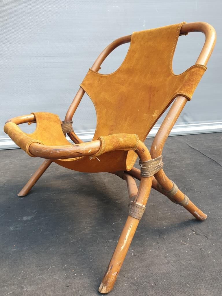 Armchair 1960 bamboo and suede leather