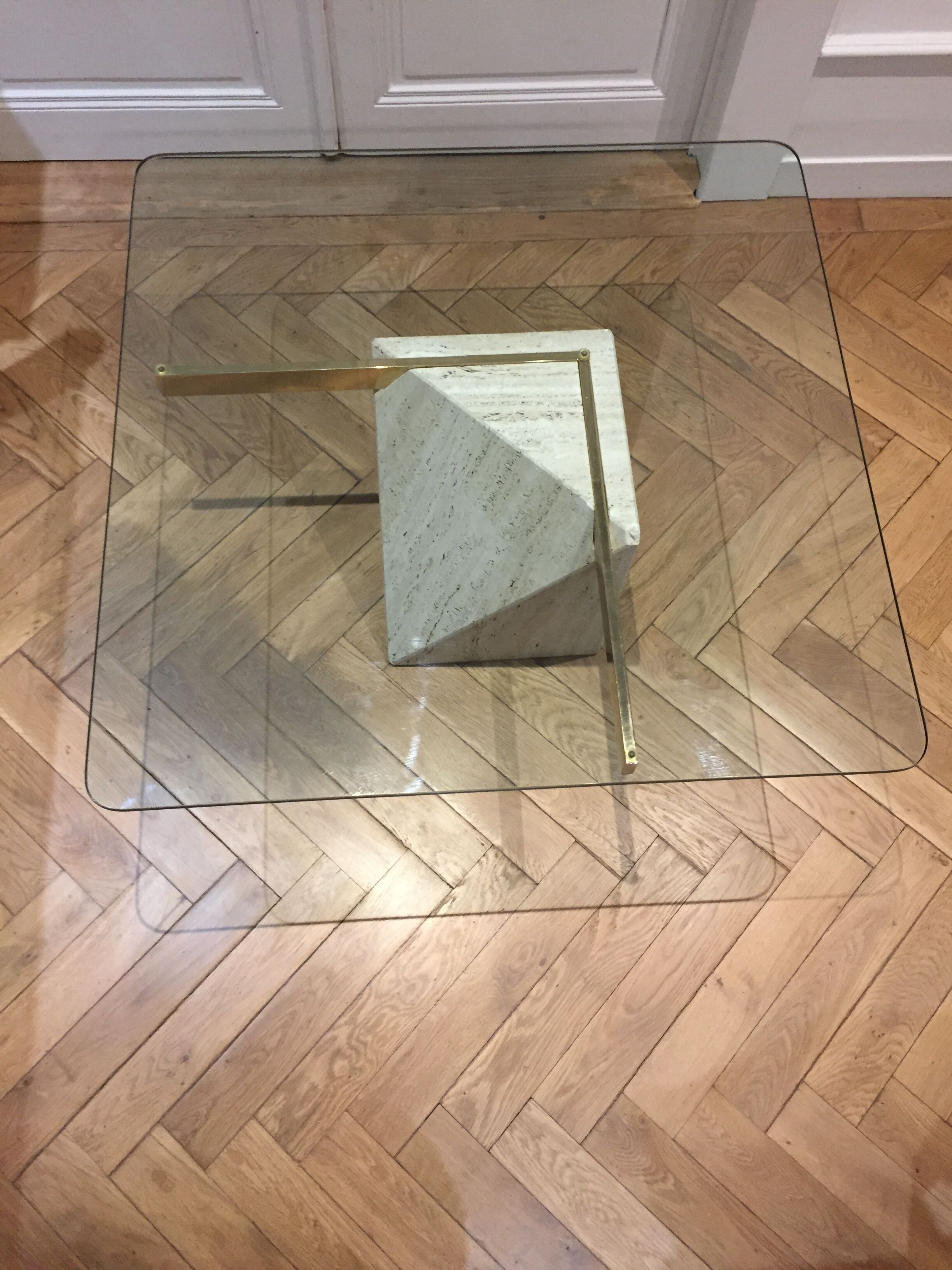Artedi Italy coffee table in travertine, brass and glass 1970s