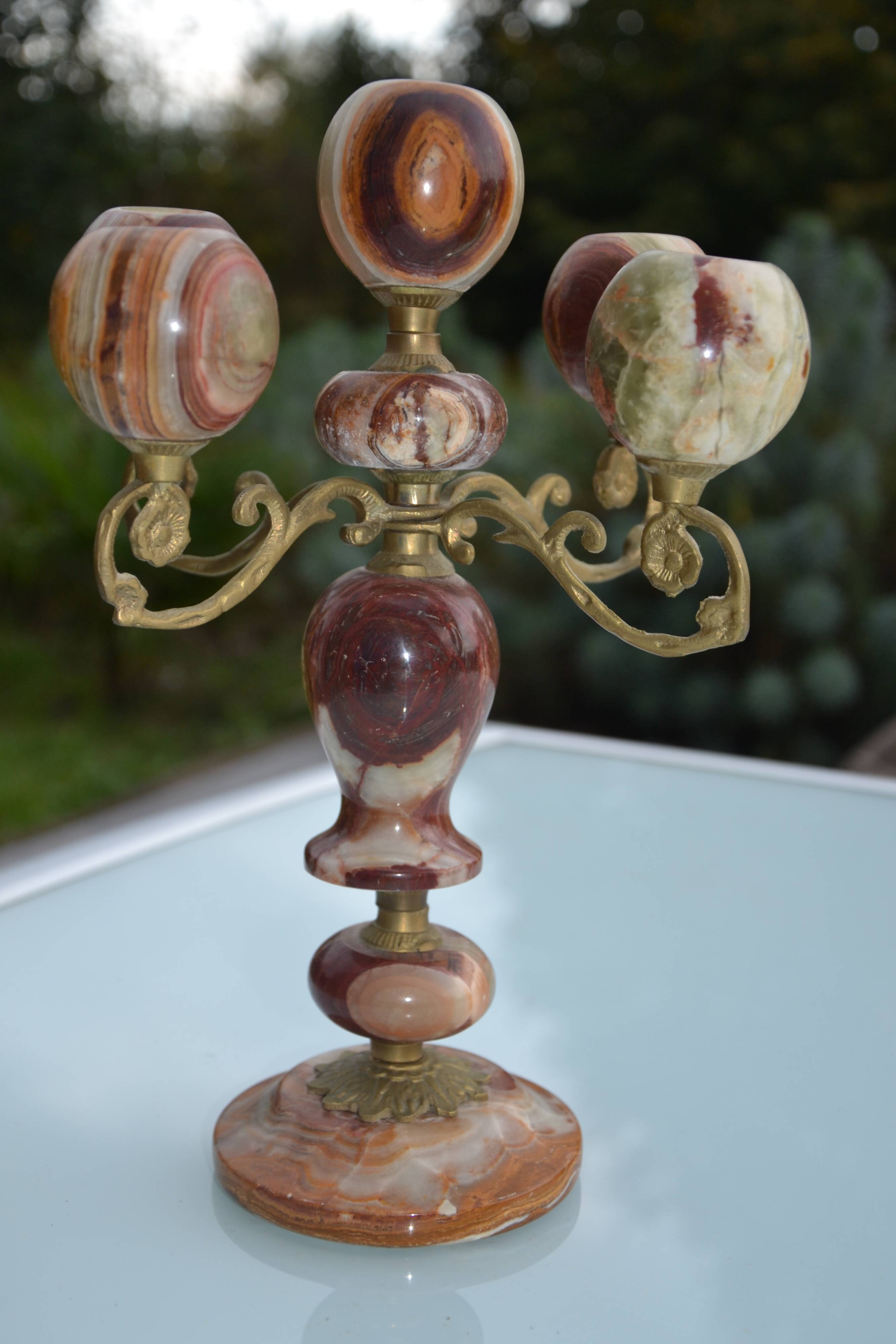 4-branch onyx and brass chandelier/candelabra