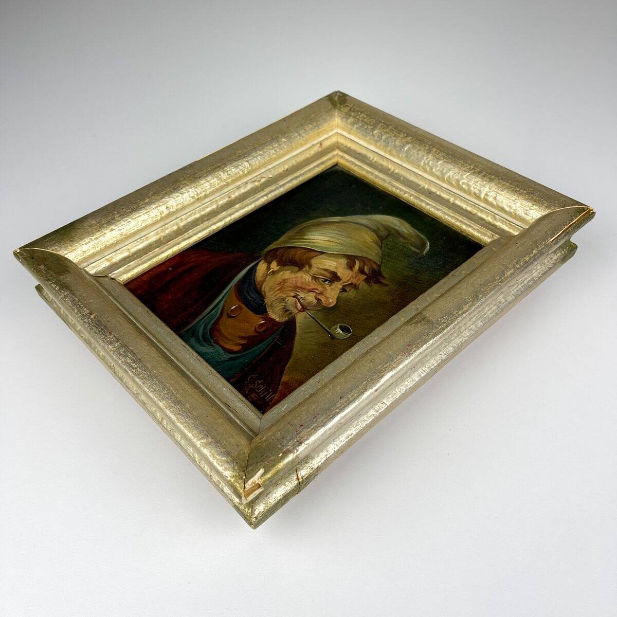 G. Schill, Portrait of a man in a nightcap with a pipe, 1930s, oil on canvas, framed