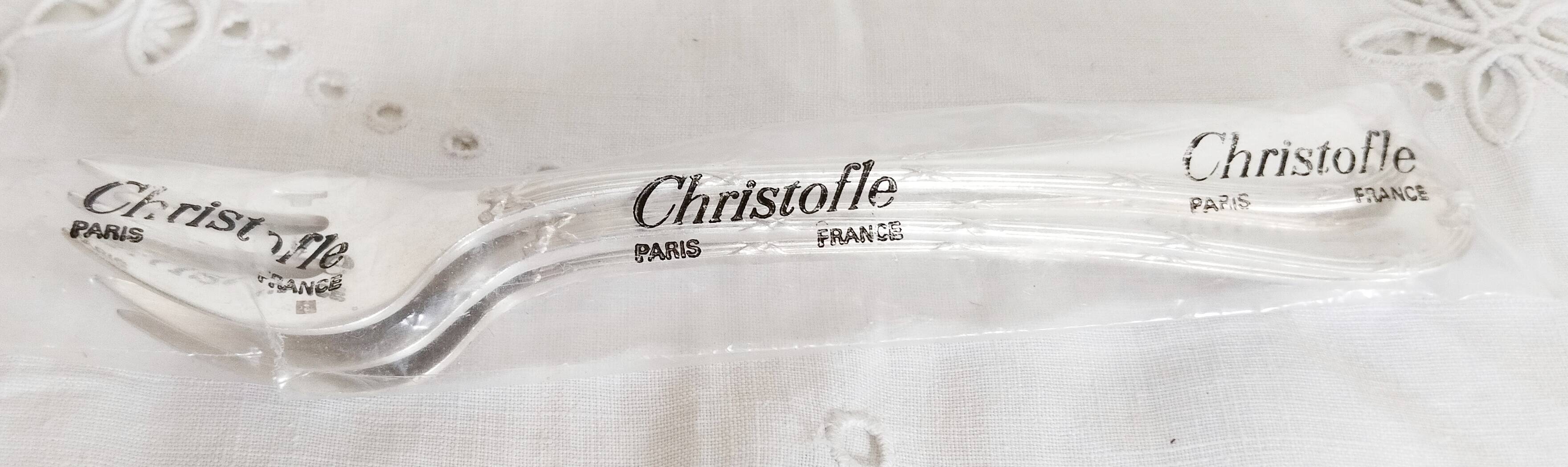 Christofle oyster or dessert forks, ribbon pattern, silver