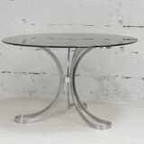 Living room table "Space Age" polished steel, circular slab smoked glass. France, circa 1970.