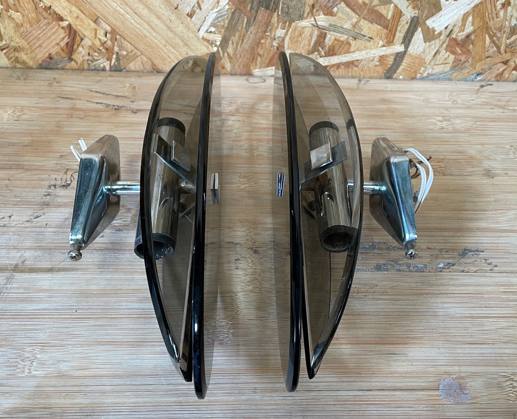 Pair of vintage smoked glass wall lamps