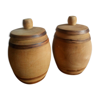 Two pots with turned wooden lids