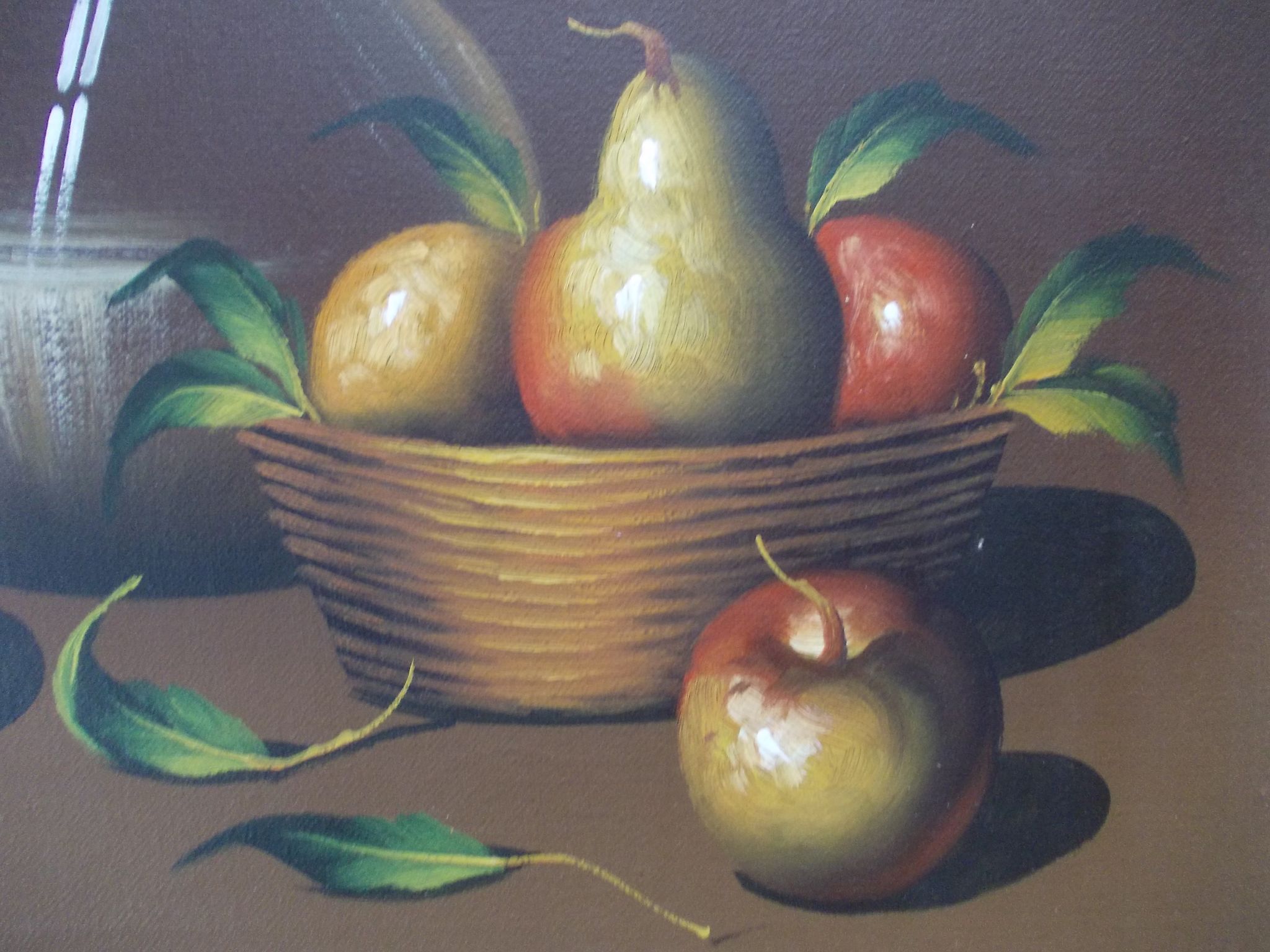 Painting OIL ON CANVAS Still life, BY MAZIA Violet, pears apples kitchen, wooden frame