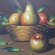 Painting OIL ON CANVAS Still life, BY MAZIA Violet, pears apples kitchen, wooden frame