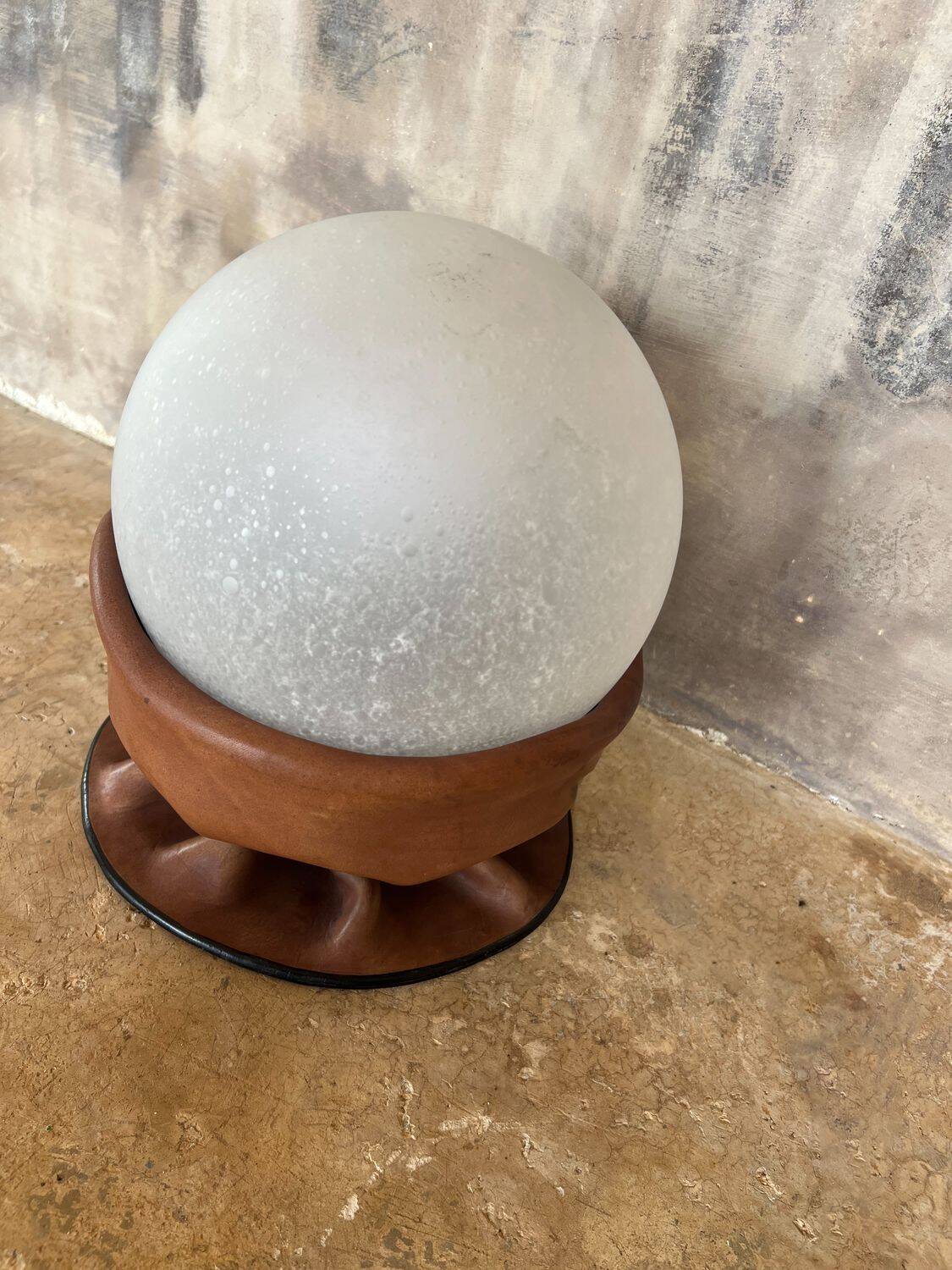 Rare Nova Tecno table lamp in leather and frosted glass, Italy, 1970s
