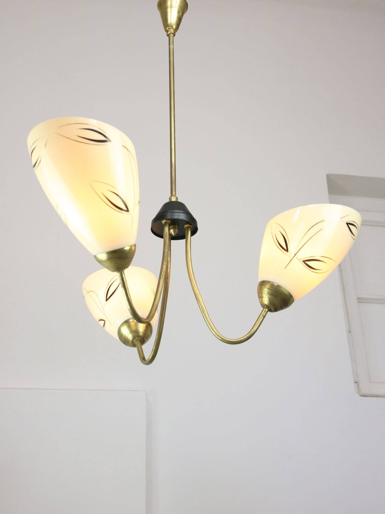 Italian Art Deco Chandelier in Brass and Yellow Glass, 1940s