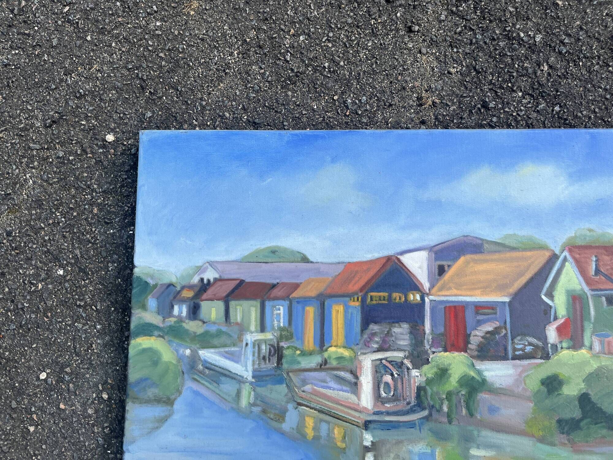 Painting signed by Esther Durand – Colourful huts by the water – Oil on