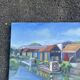 Painting signed by Esther Durand – Colourful huts by the water – Oil on