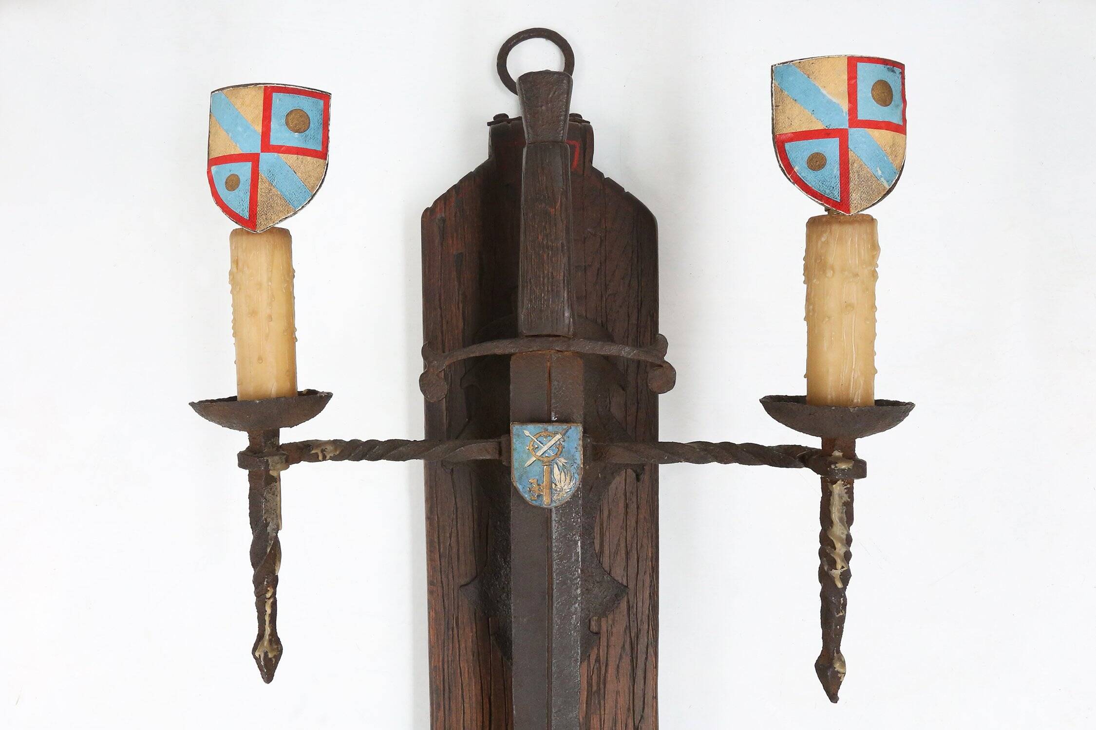 French 20th Century Large Wrought‑Iron Medieval Revival Wall Lamp with Swor