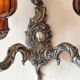 Silver-colored chiseled metal wall light, 2 lights with orange glass tulip