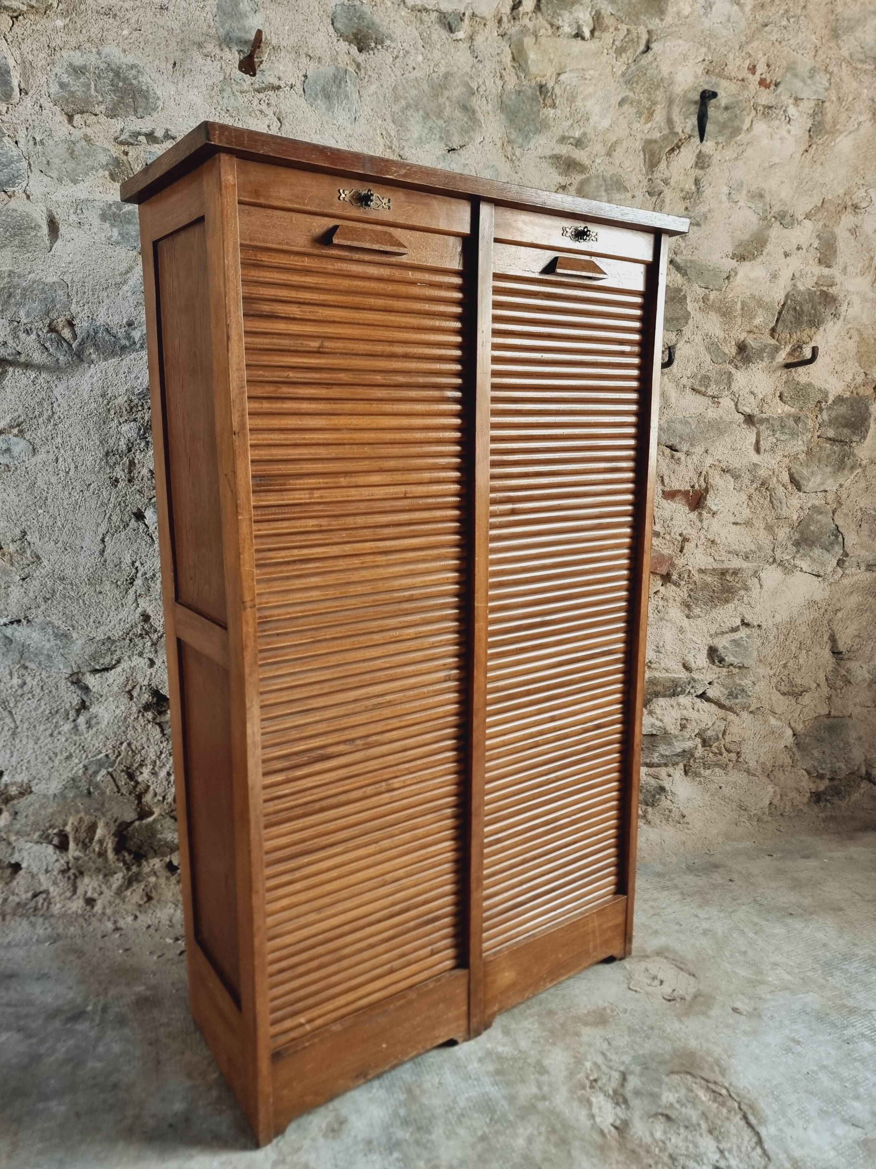 Antique filing cabinet with curtains – 1920s/30s – Beech