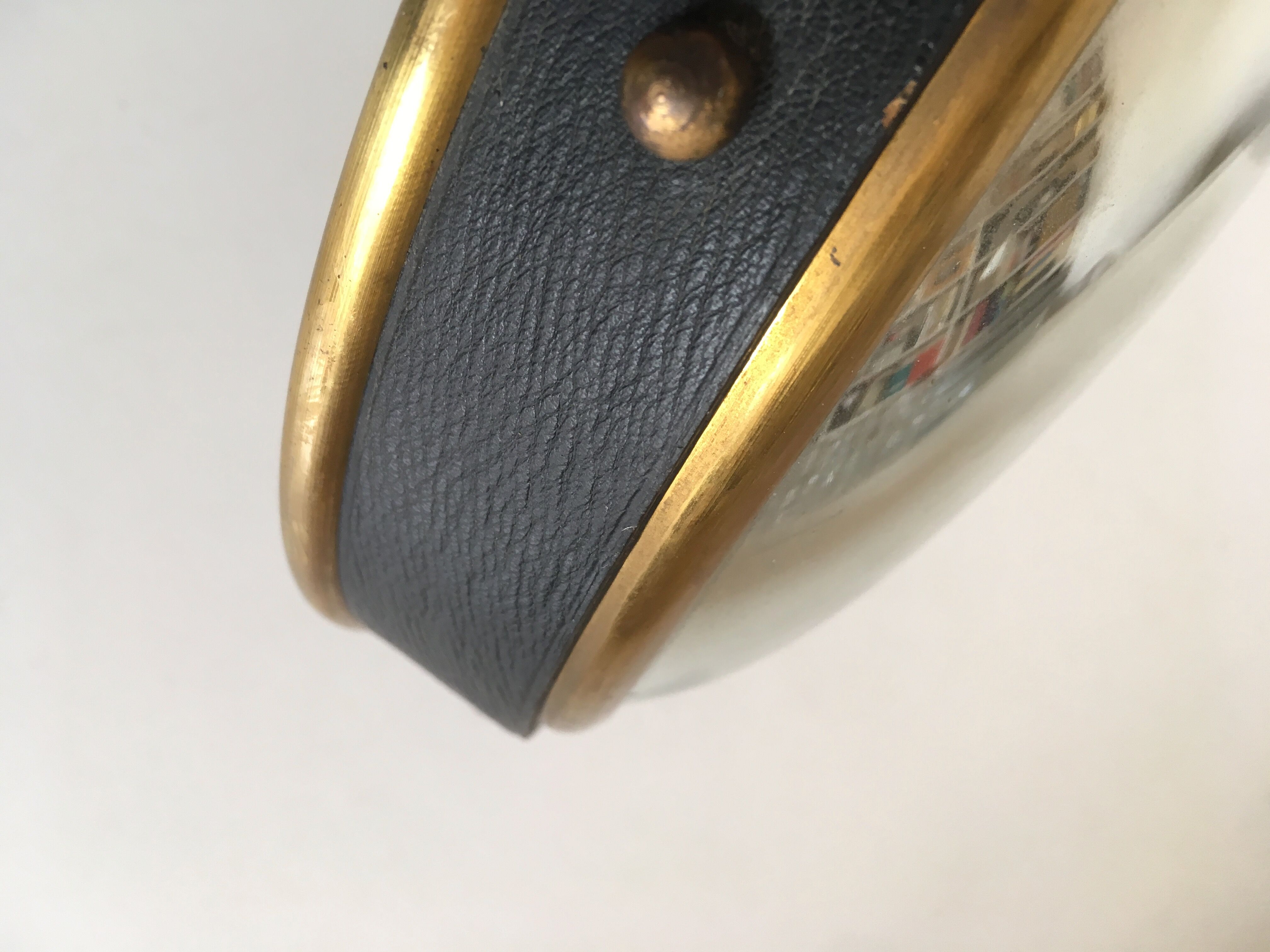 Leather and brass bulging witch mirror 1970 21cm