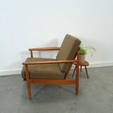 Teak Scandinavische fauteuil met bruin stoffen kussens, stoel 2
