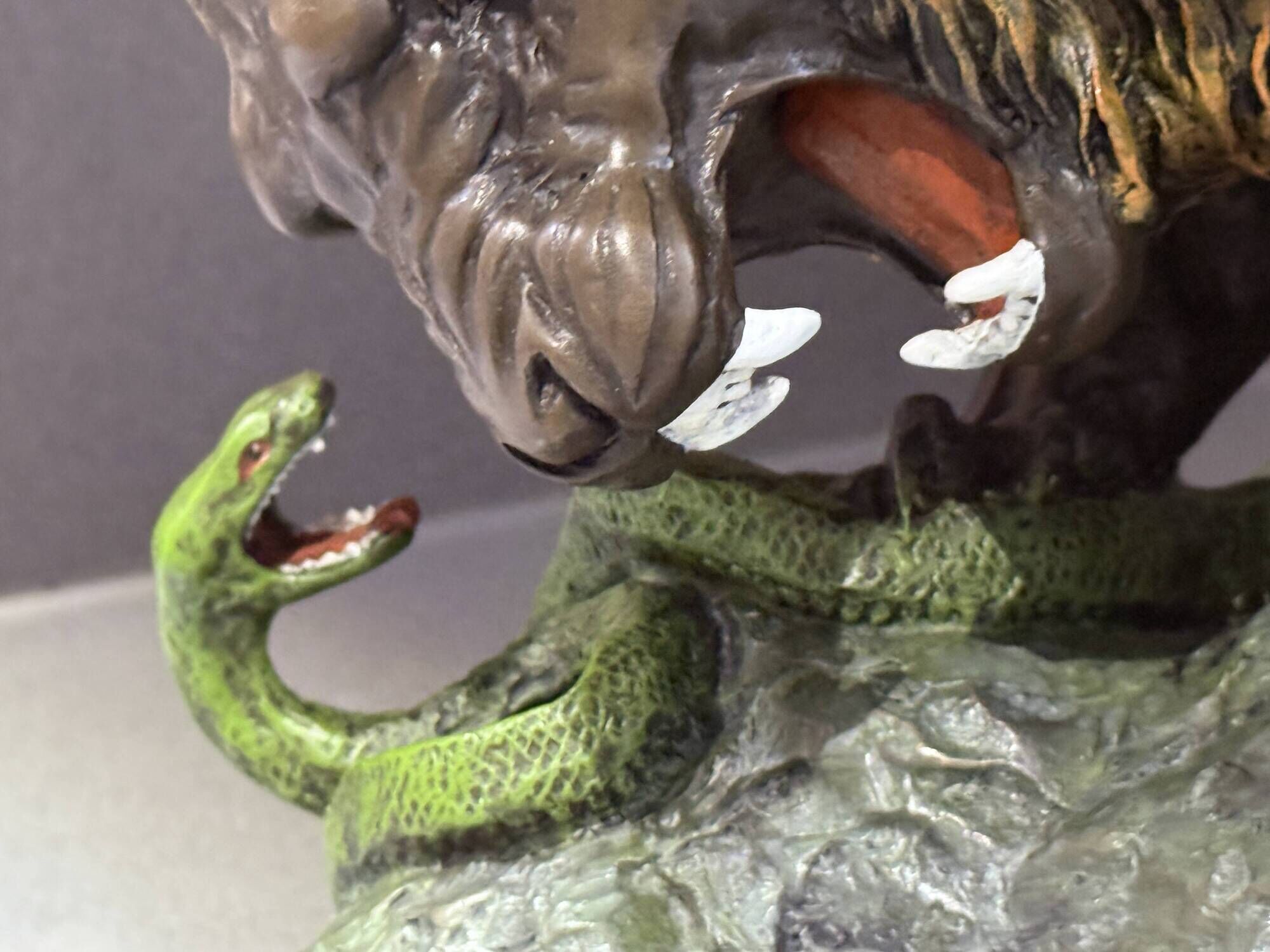 Antique Cold-Painted Bronze Lion Fighting a Snake, After Antoine-Louis Barye