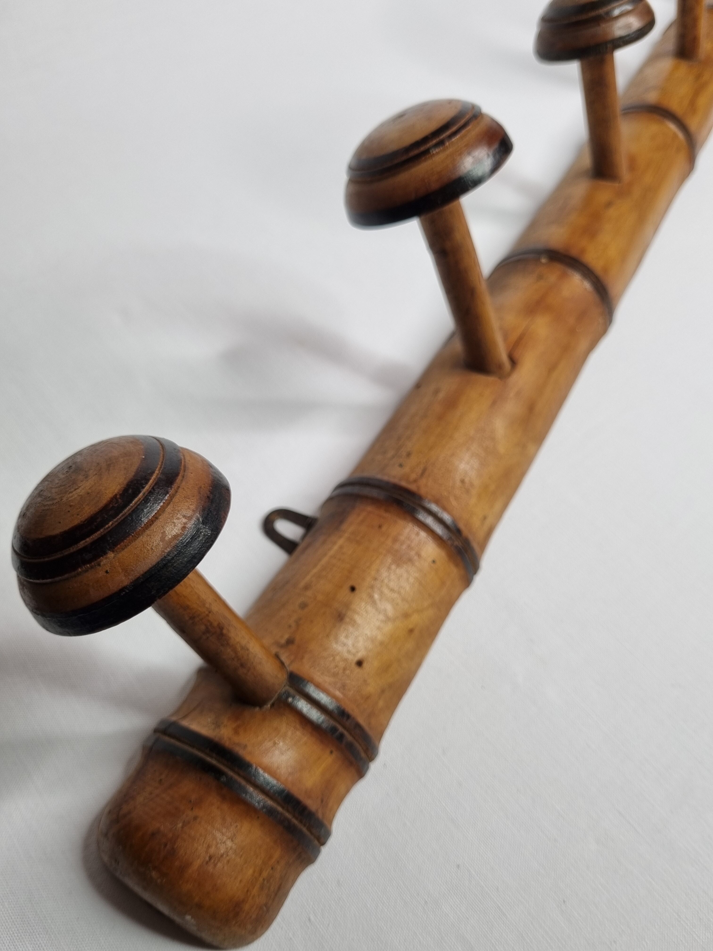 Old rustic wooden coat rack turned in imitation of bamboo 1900, 6 hooks