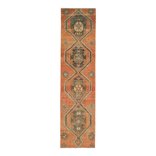 1970s vintage Turkish Oushak handmade wool cotton orange runner rug 80x320
