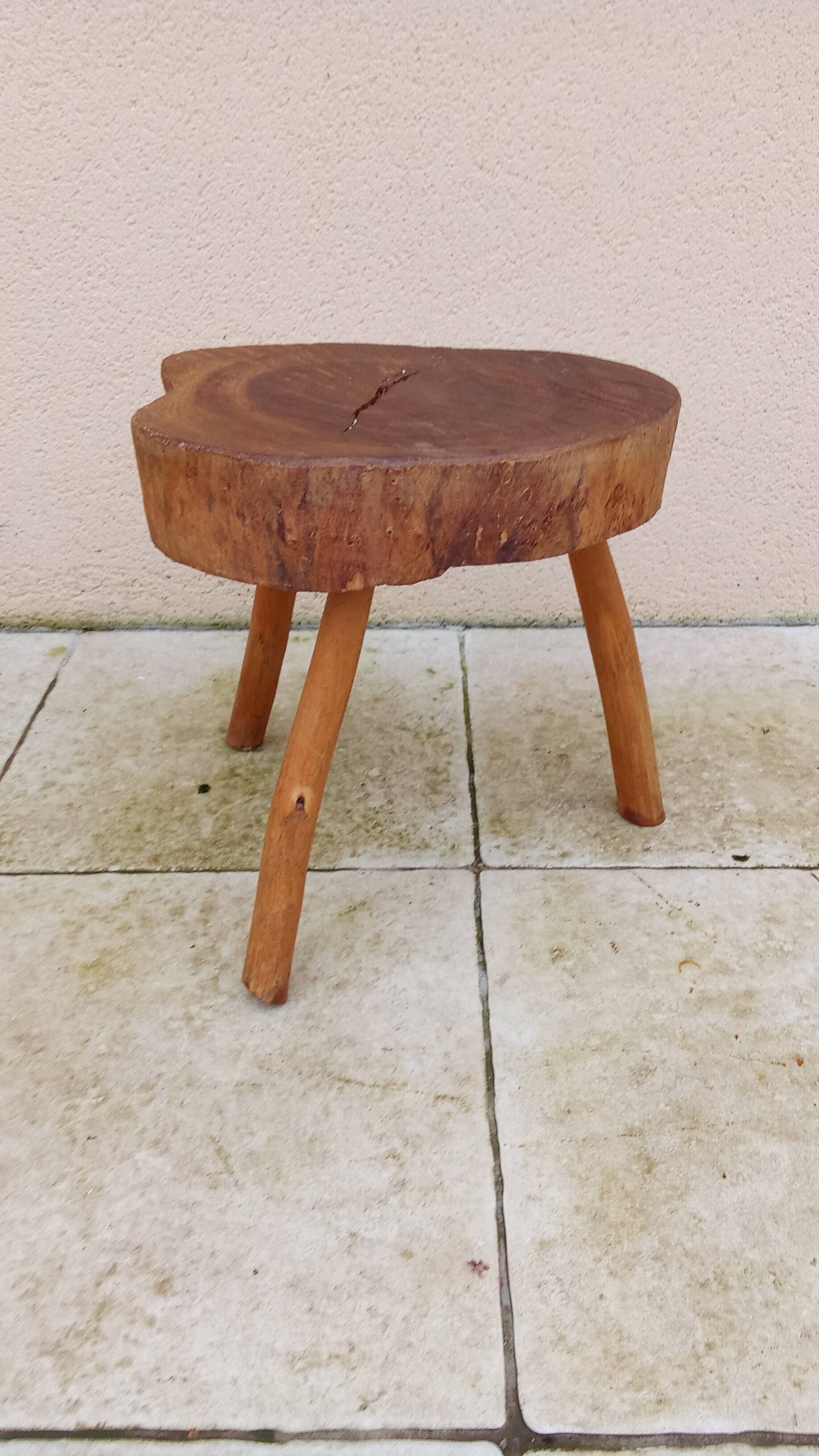 small vintage brutalist wooden tripod side table