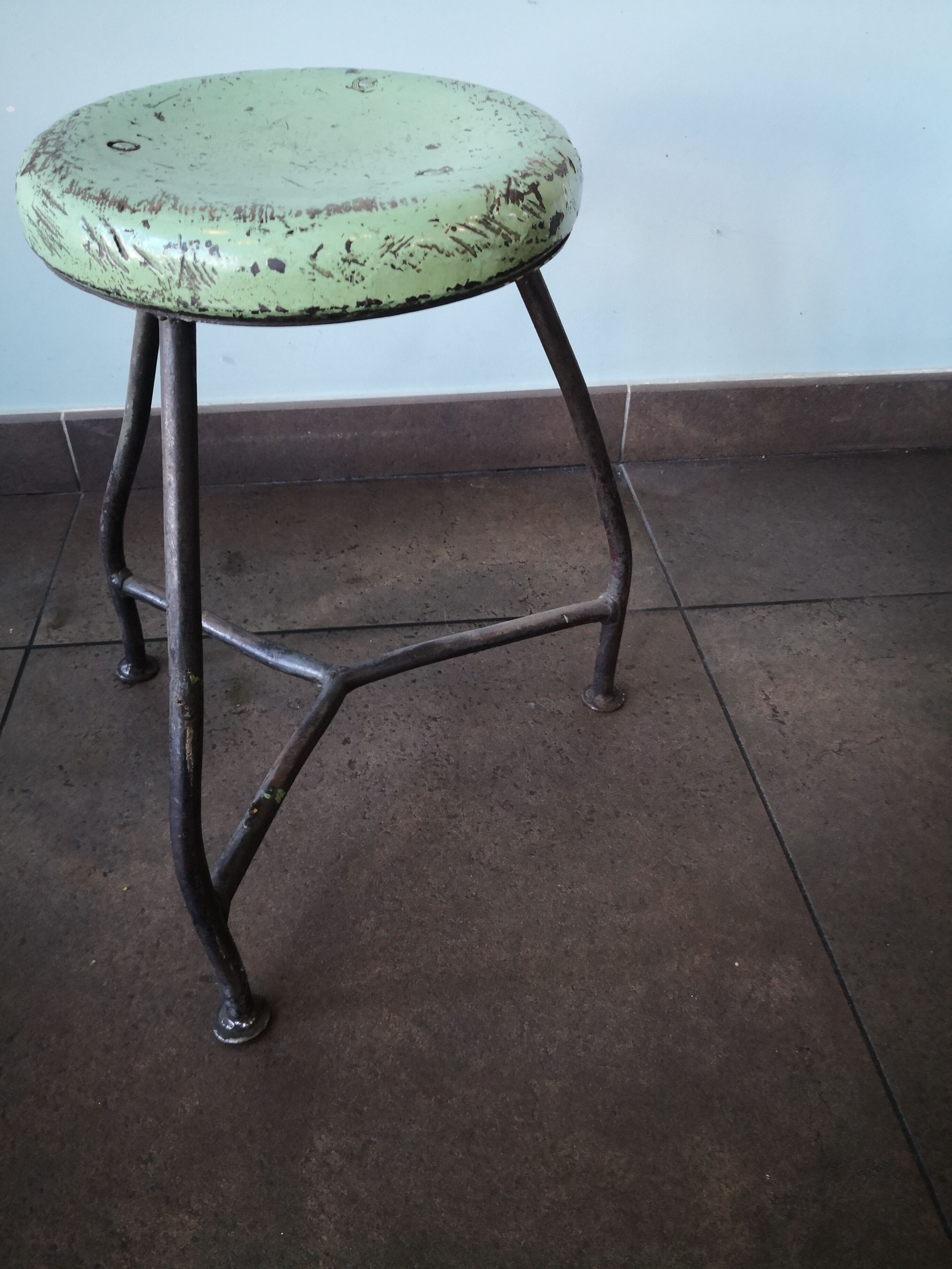 Vintage tripod stool, industrial style wood and metal