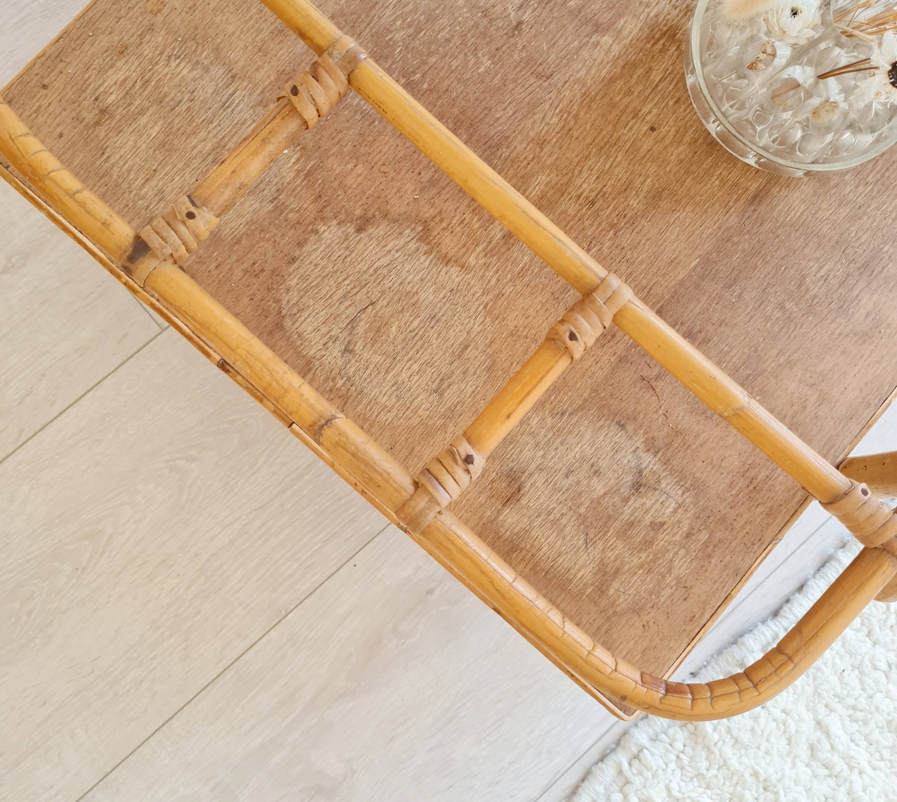 Antique rattan serving trolley with double shelves