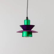 Vintage ceiling suspension in aluminium - 1980s, postmodern Memphis style - purple and green, striped cable, zigzag.