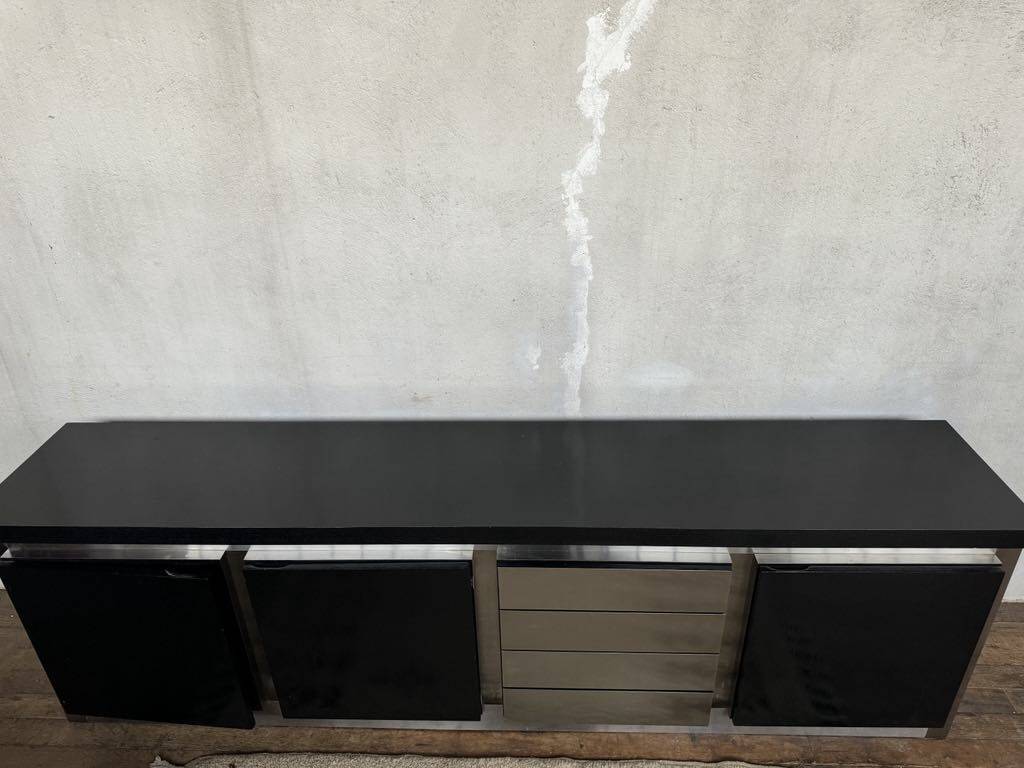 Vintage wooden and aluminum sideboard designed by the 1970s with 3 doors and 4 drawers