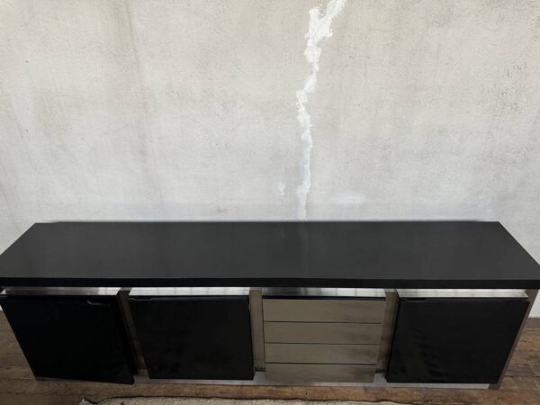 Enfilade vintage en bois et alu design année 1970 à 3 portes et 4 tiroirs