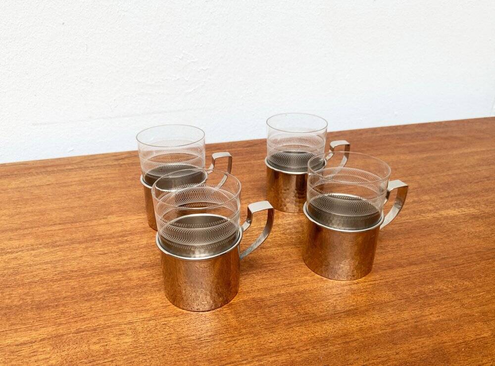 Vintage tea glasses RDA from East Germany by MUQ, Metallwarenfabrik Union Quedlinburg, set of 4.