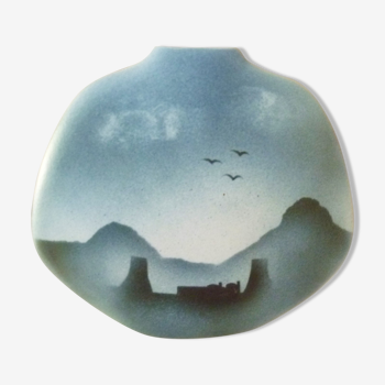 Vase lentille design Yves Mohy céramique émaillée signée Virebent, années 70