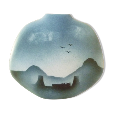 Vase lentille design Yves Mohy céramique émaillée signée Virebent, années 70