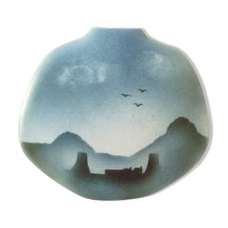 Large lens vase design Yves Mohy ceramic enamel signed Virebent, 70s