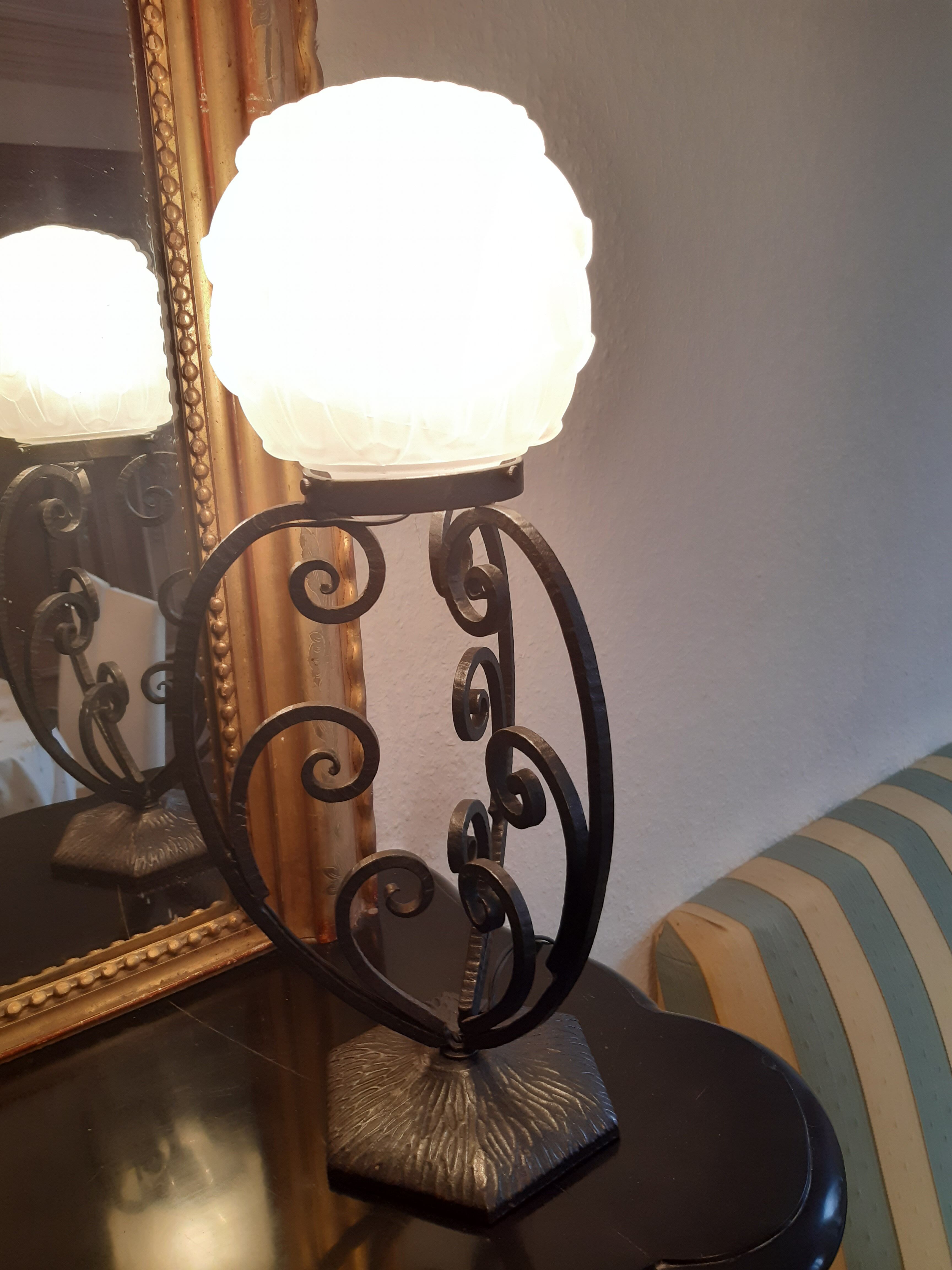 Art Deco period lamp wrought iron and pressed molded glass globe