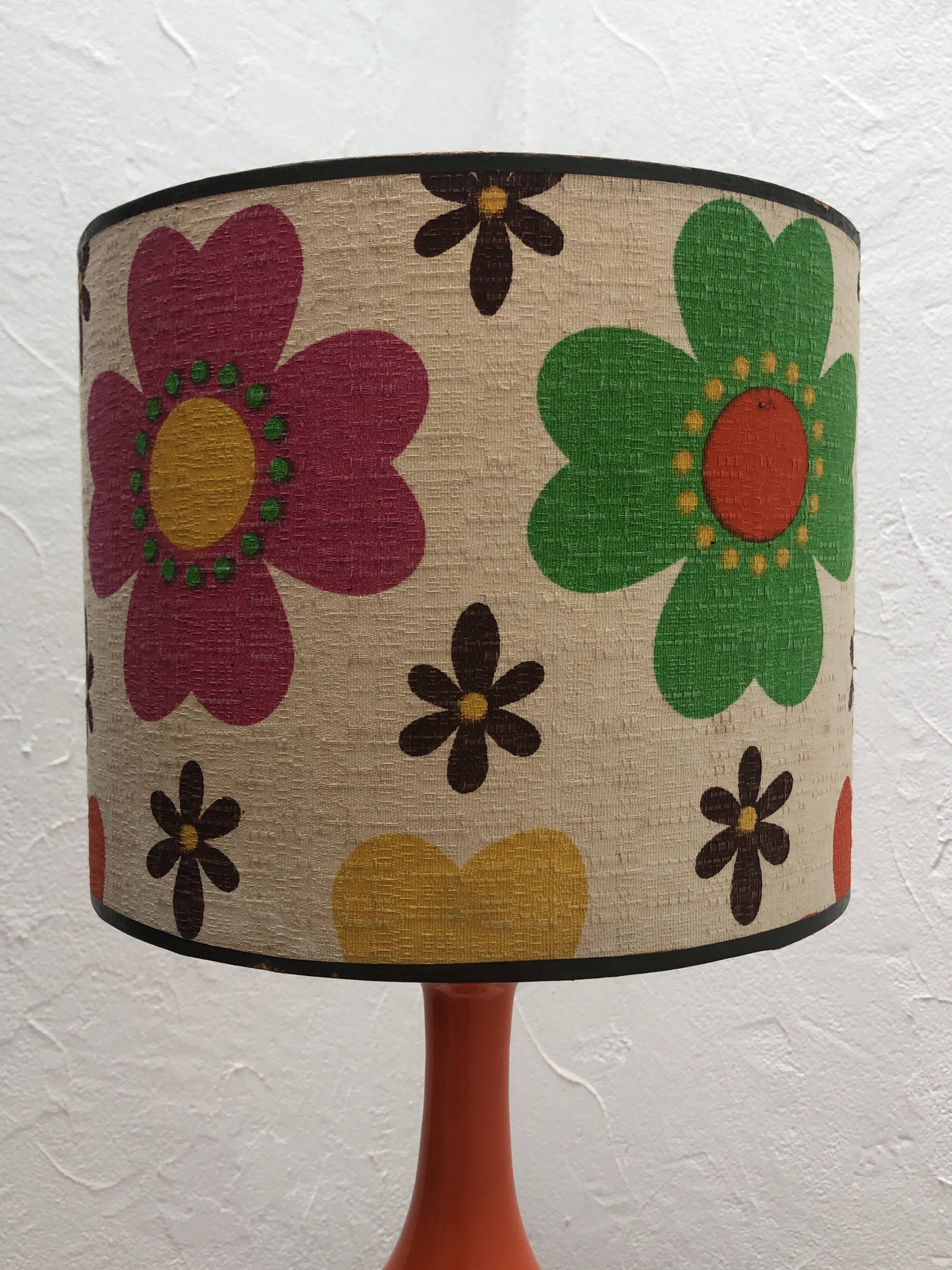 Orange lamp and lampshade floral pattern 1970s