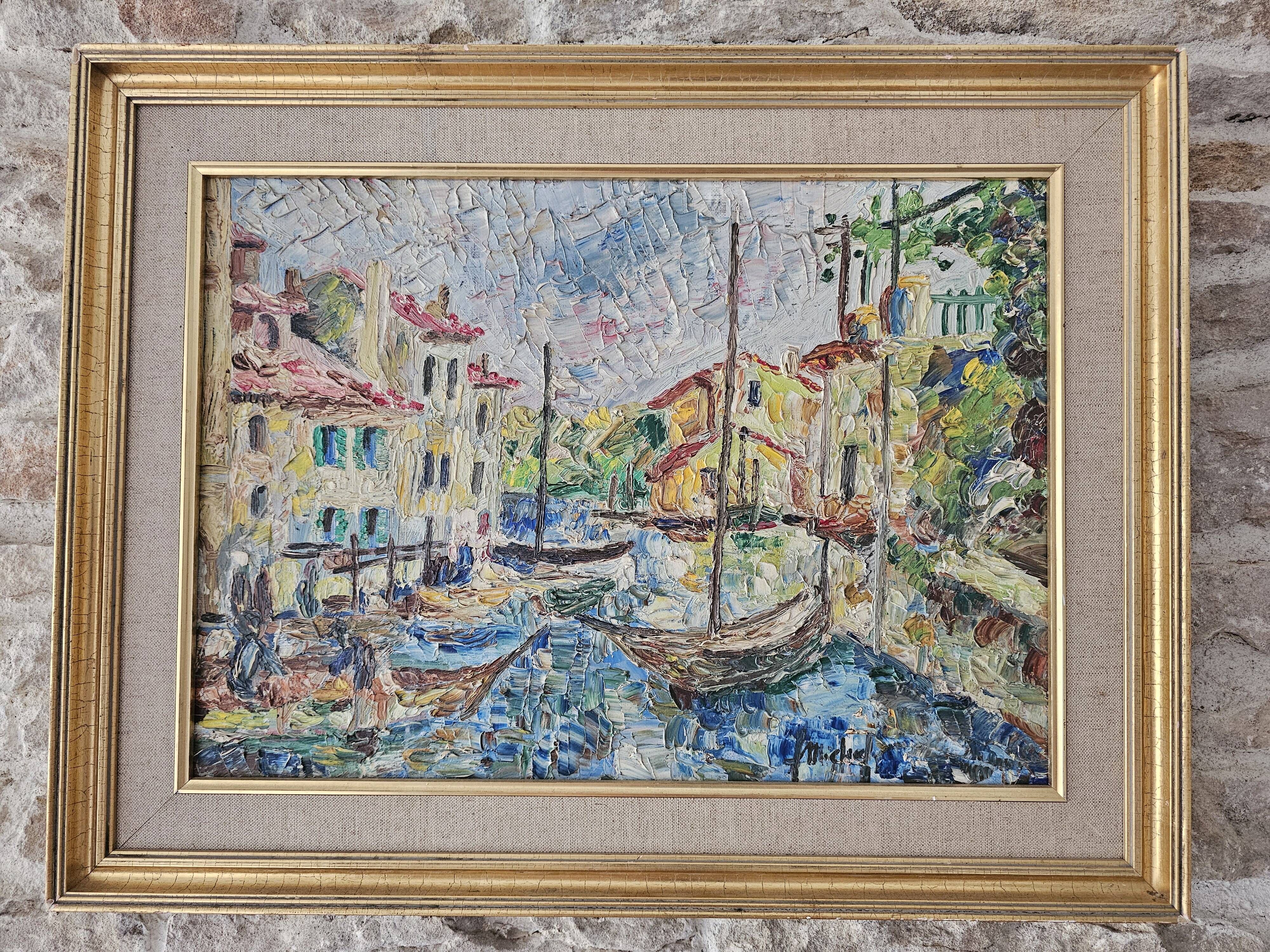 Oil painting on canvas Landscape - Port of Martigues signed Michel 1961
