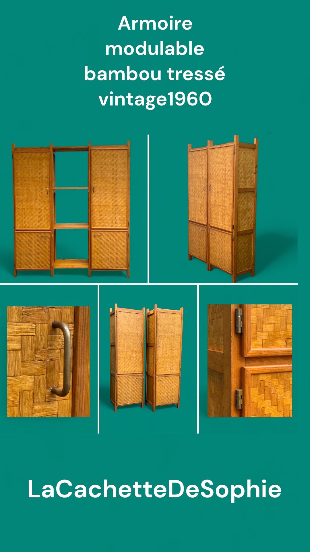 Bamboo cabinet woven and modular pine vintage 1960