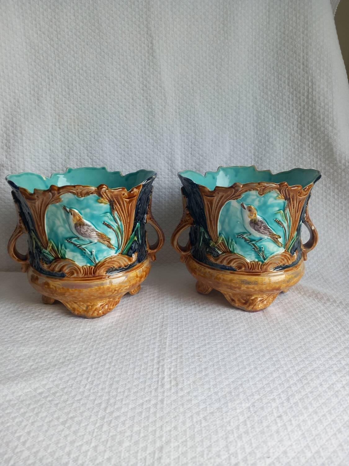 Pair of antique cache-pots in majolica – Art Nouveau 19th century