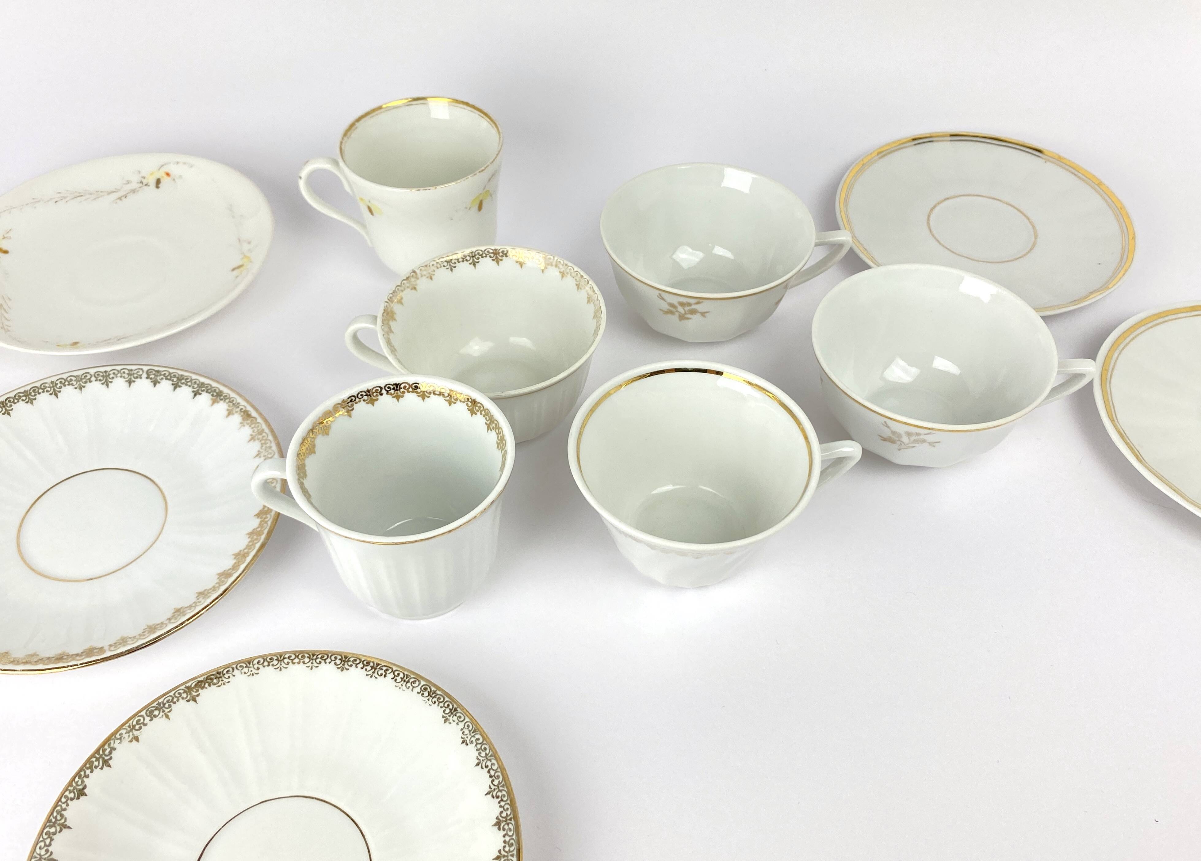 Vintage Mismatched Set of 6 Porcelain Cups and 5 Saucers - Gold