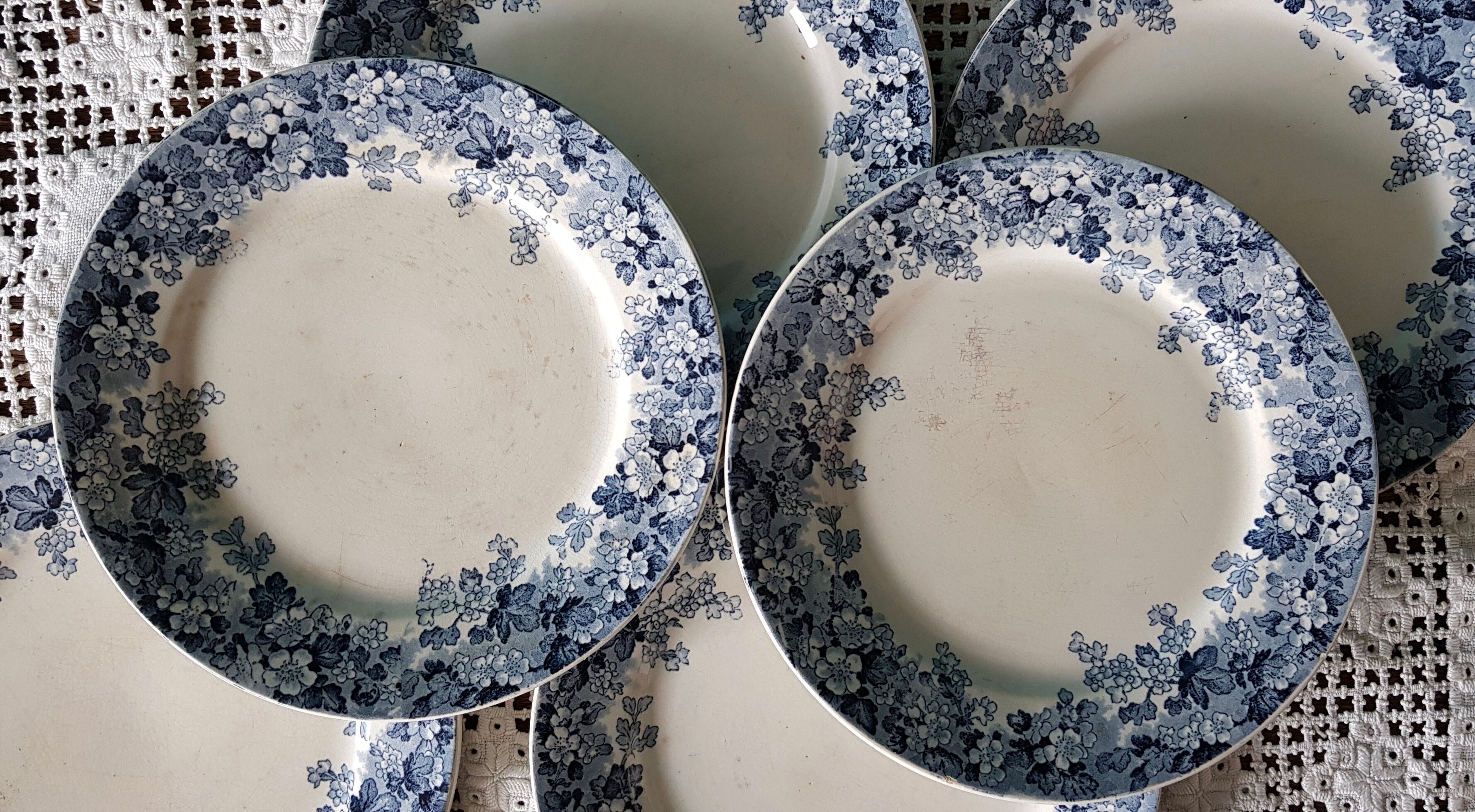 Sarreguemines and Digoin set of 6 dessert plates model RECAMIER blue floral decoration